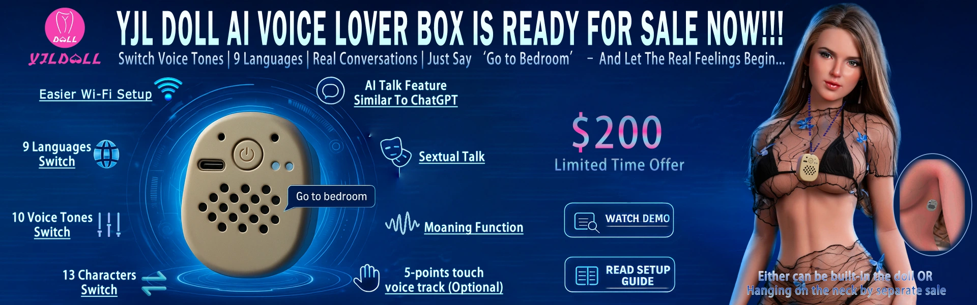 Promotional banner for YJL DOLL AI Voice Lover Box featuring smart voice companion device with real-time chat, moaning function, 9 languages, 10 voice tones, and wearable or built-in options for love dolls.